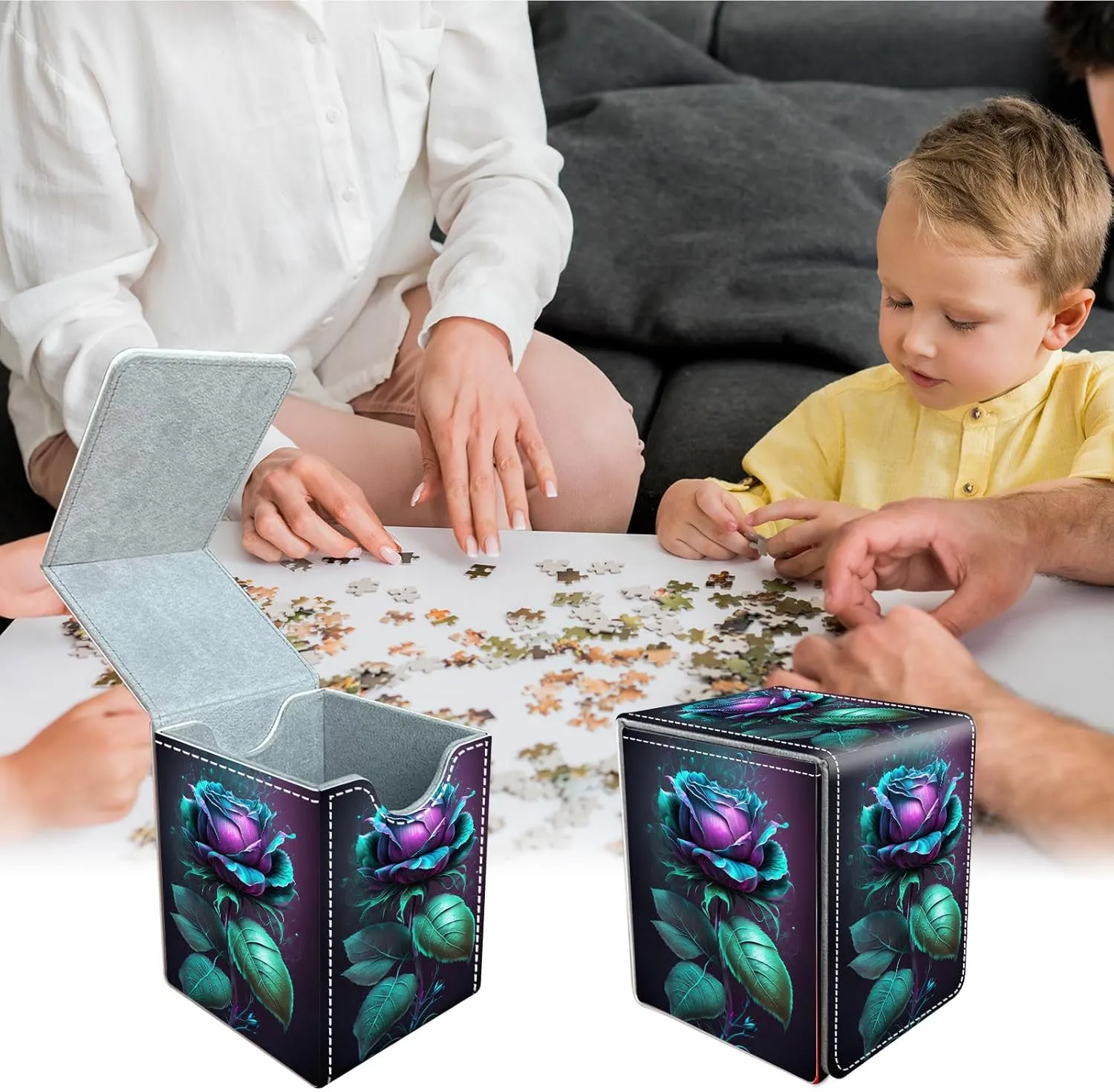 For MTG Deck Box, Fits 100  Single Sleeved Cards, Strong Magnet Card Deck Box, PU Leather Trading Card Storage Box, TCG, CCG Cards Secure Storage for Trading Card, Blue Rose Flower -20