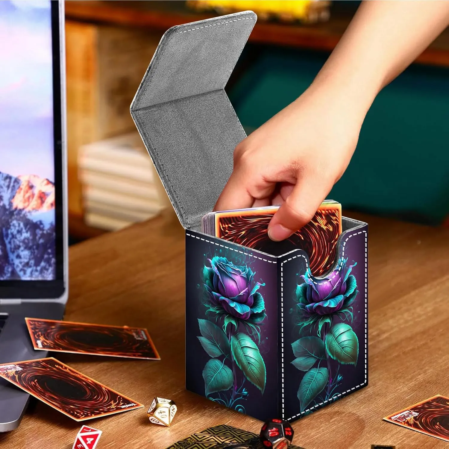 For MTG Deck Box, Fits 100  Single Sleeved Cards, Strong Magnet Card Deck Box, PU Leather Trading Card Storage Box, TCG, CCG Cards Secure Storage for Trading Card, Blue Rose Flower -20
