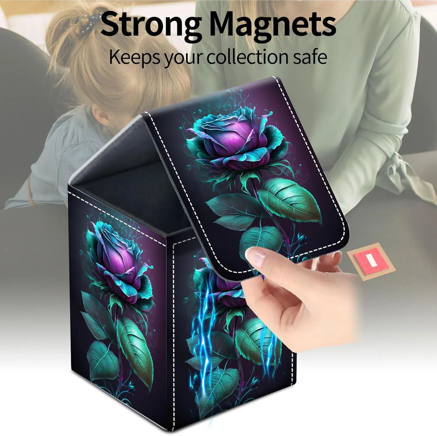 For MTG Deck Box, Fits 100  Single Sleeved Cards, Strong Magnet Card Deck Box, PU Leather Trading Card Storage Box, TCG, CCG Cards Secure Storage for Trading Card, Blue Rose Flower -20