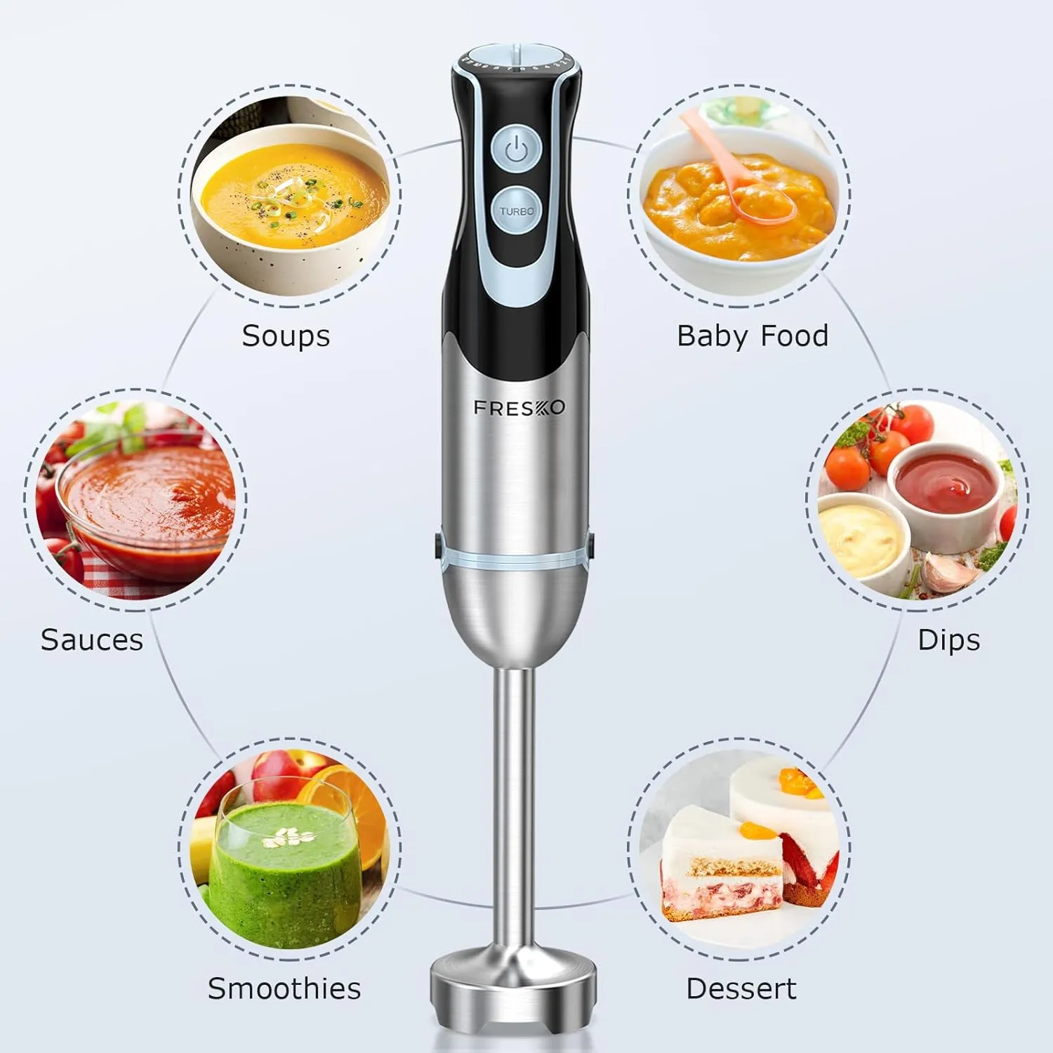 FRESKO Immersion Handheld Blender 500W with 700ml Beaker, 12-Speed & Turbo Mode Hand Blender Stick, 304 Stainless Steel Blades for Soup, Smoothie, Puree, Baby Food