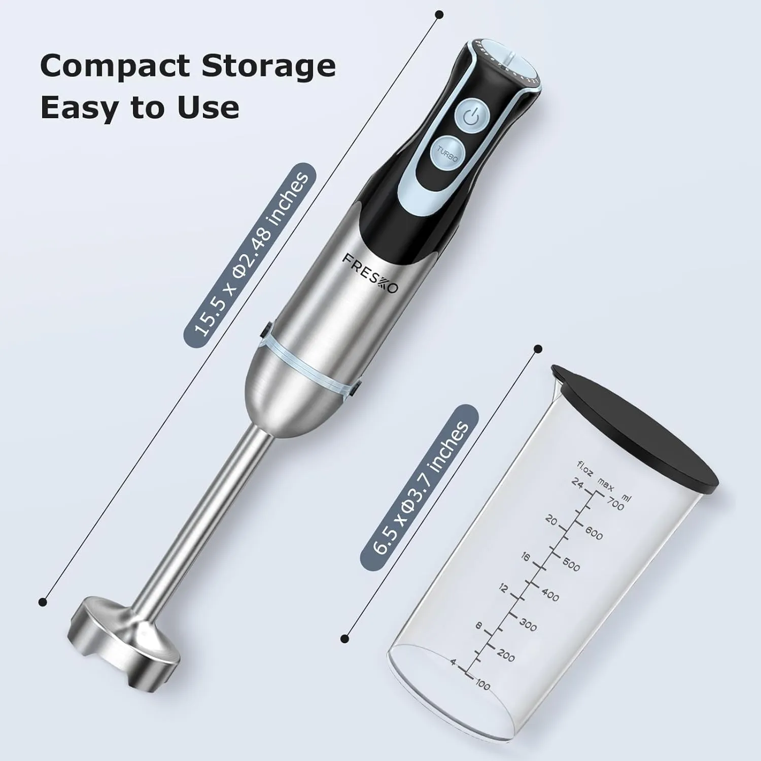 FRESKO Immersion Handheld Blender 500W with 700ml Beaker, 12-Speed & Turbo Mode Hand Blender Stick, 304 Stainless Steel Blades for Soup, Smoothie, Puree, Baby Food