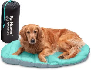 Furhaven Outdoor Travel Dog Bed for Large/Medium Dogs w/ Carry Bag, Washable & Foldable, Great for Crates & Kennels - Trail Pup Travel Pillow Mat w/ Stuff Sack Bag - Aqua/Granite Gray, Large