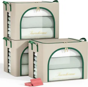 Furnhome 3 pack Clothes Storage Bins with metal Frame, sweater storage for closet, Stackable Storage bins for clothes, Foldable Clothing Storage bins with Cedar Blocks& Windows&Zippers|36L-Dark Green