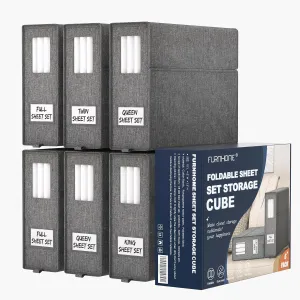 Furnhome 6 Pack Bed Sheet Storage,2024 Sheet Organizer for King/Queen/Full/Twin, Foldable Sheet Set Organizer, Sheet Storage Cube for Bedding Sheets, Duvet Covers and Pillowcases