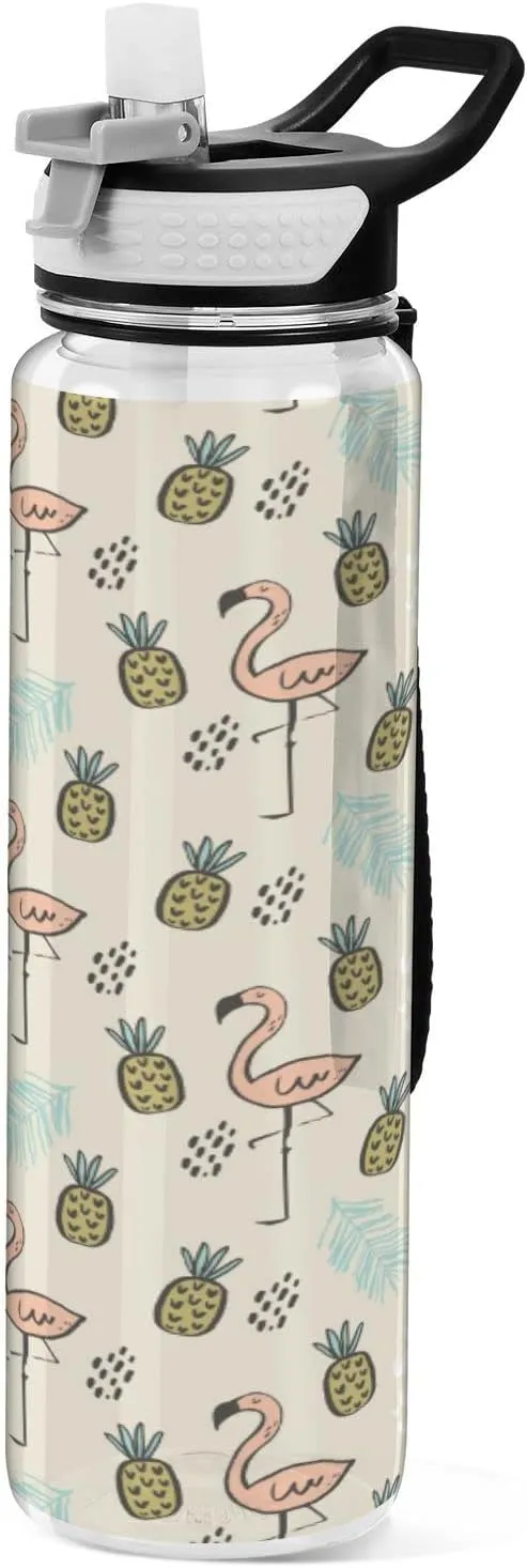 Fustylead Pink Flamingo 32oz Water Bottle with Straw, Leakproof Clear Sport Water Bottles for Gym Camping Hiking Travel