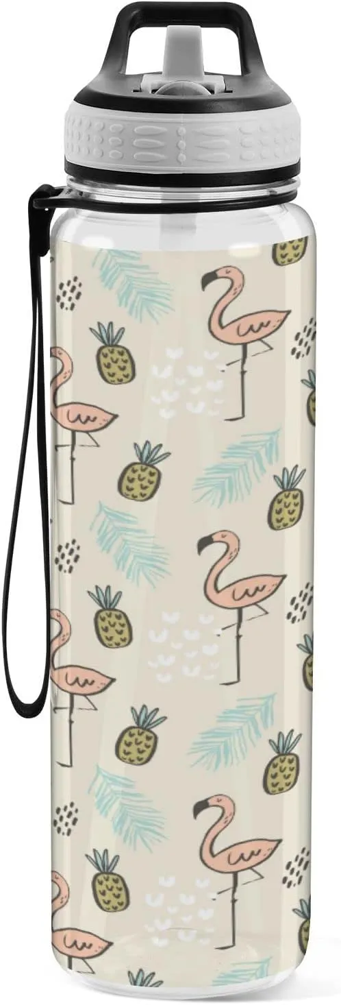 Fustylead Pink Flamingo 32oz Water Bottle with Straw, Leakproof Clear Sport Water Bottles for Gym Camping Hiking Travel