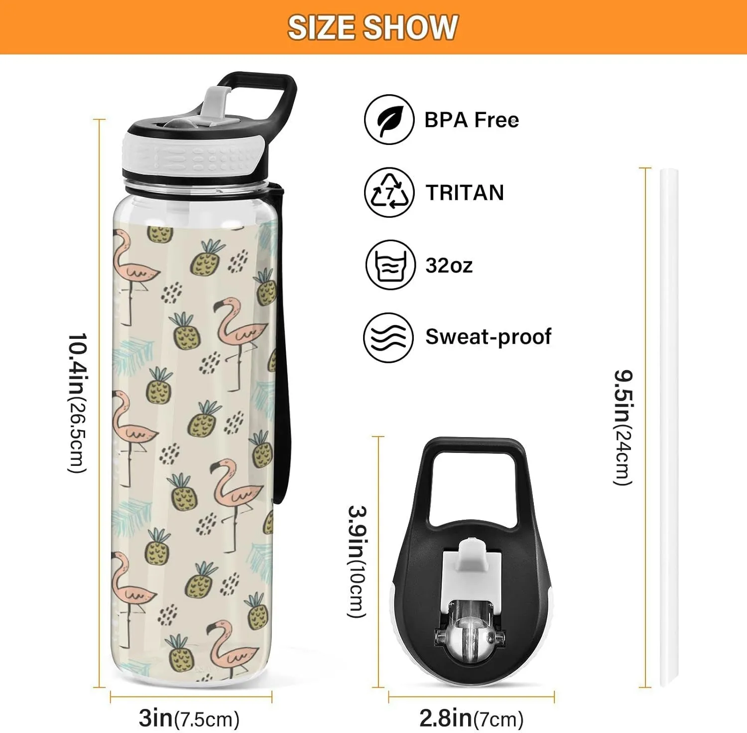 Fustylead Pink Flamingo 32oz Water Bottle with Straw, Leakproof Clear Sport Water Bottles for Gym Camping Hiking Travel