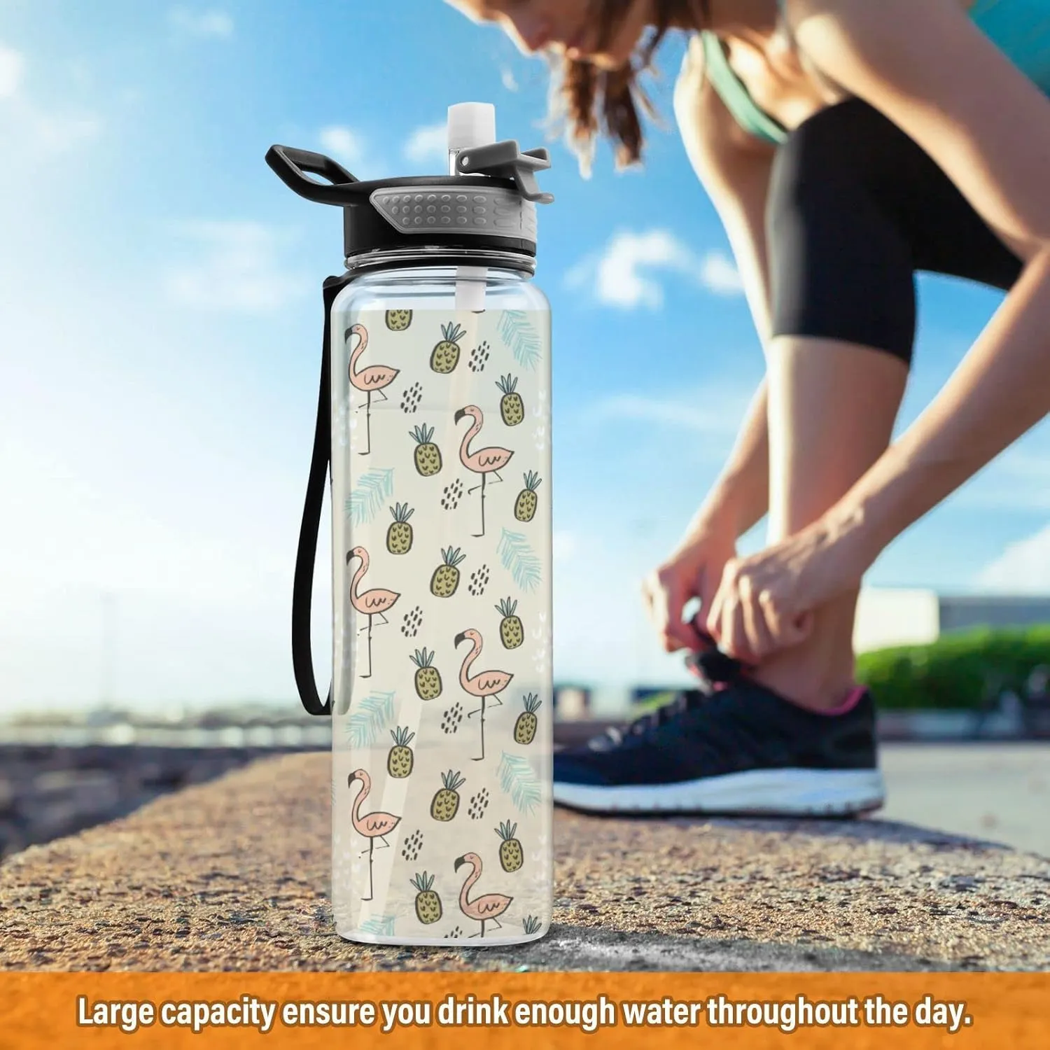 Fustylead Pink Flamingo 32oz Water Bottle with Straw, Leakproof Clear Sport Water Bottles for Gym Camping Hiking Travel