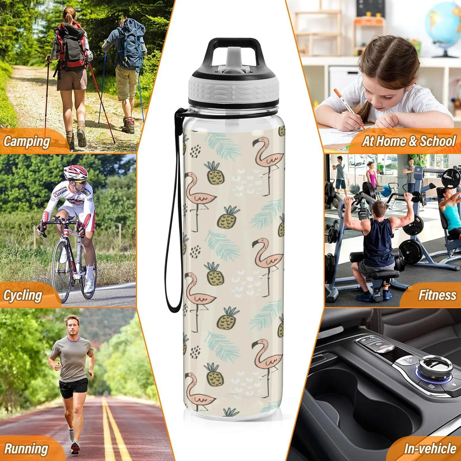 Fustylead Pink Flamingo 32oz Water Bottle with Straw, Leakproof Clear Sport Water Bottles for Gym Camping Hiking Travel