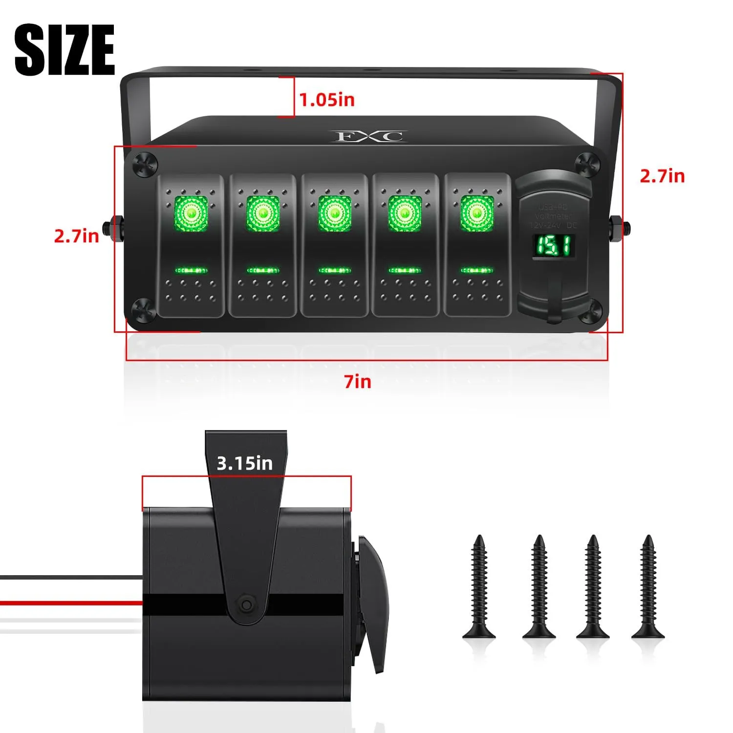 FXC 5 Gang Aluminum Rocker Switch Panel Green Backlit with PD Type C and QC 3.0 USB Charger Voltmeter Waterproof 12V 24V DC Rocker Switch Box for Car Trucks Boats RVs