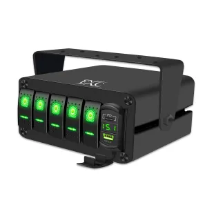 FXC 5 Gang Aluminum Rocker Switch Panel Green Backlit with PD Type C and QC 3.0 USB Charger Voltmeter Waterproof 12V 24V DC Rocker Switch Box for Car Trucks Boats RVs