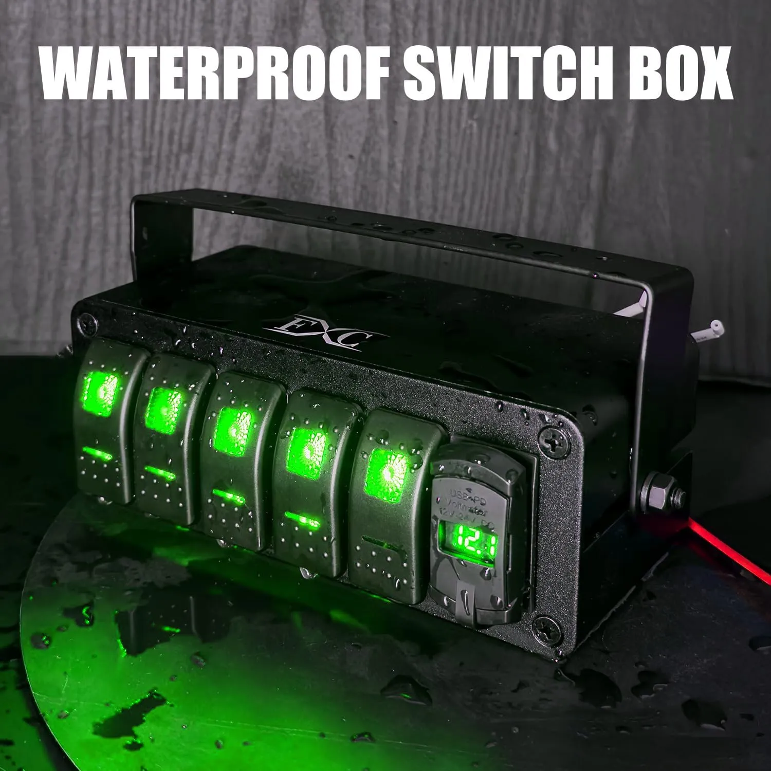 FXC 5 Gang Aluminum Rocker Switch Panel Green Backlit with PD Type C and QC 3.0 USB Charger Voltmeter Waterproof 12V 24V DC Rocker Switch Box for Car Trucks Boats RVs