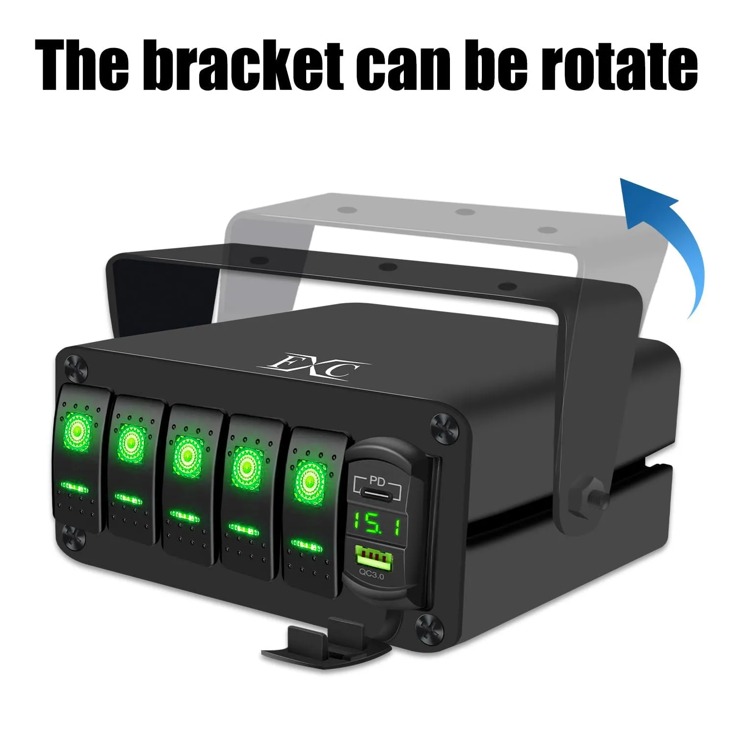 FXC 5 Gang Aluminum Rocker Switch Panel Green Backlit with PD Type C and QC 3.0 USB Charger Voltmeter Waterproof 12V 24V DC Rocker Switch Box for Car Trucks Boats RVs