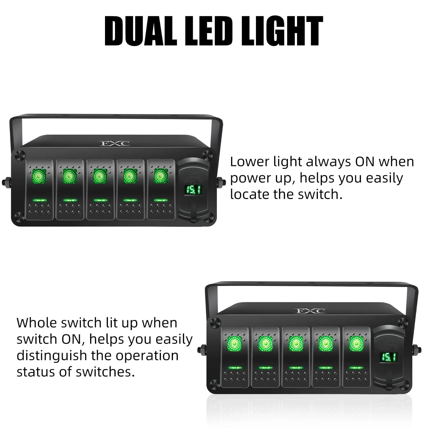 FXC 5 Gang Aluminum Rocker Switch Panel Green Backlit with PD Type C and QC 3.0 USB Charger Voltmeter Waterproof 12V 24V DC Rocker Switch Box for Car Trucks Boats RVs