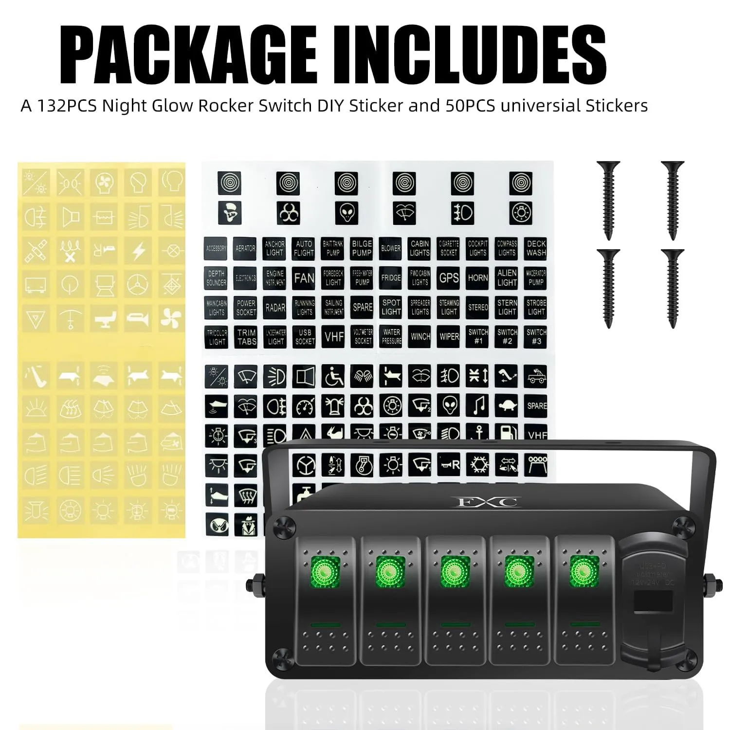 FXC 5 Gang Aluminum Rocker Switch Panel Green Backlit with PD Type C and QC 3.0 USB Charger Voltmeter Waterproof 12V 24V DC Rocker Switch Box for Car Trucks Boats RVs