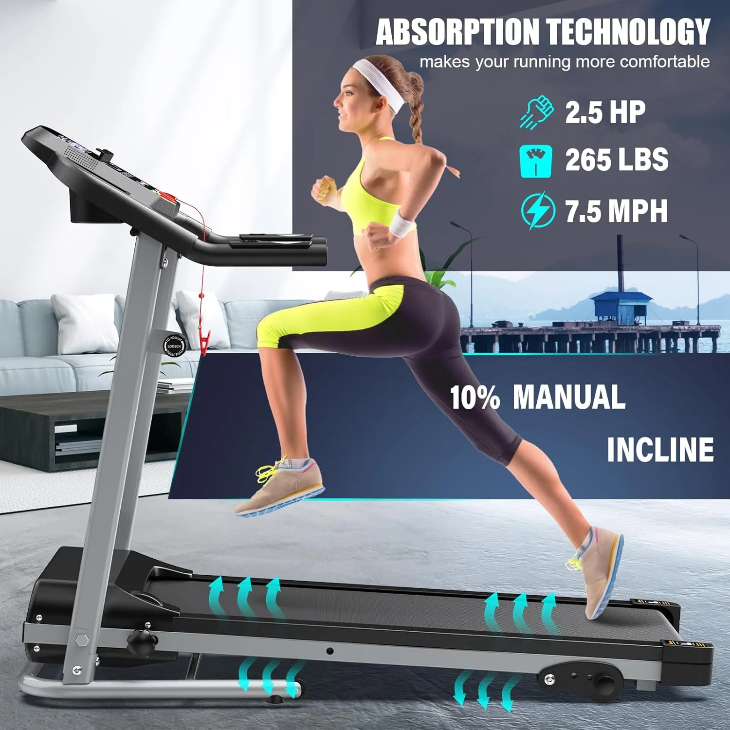 FYC Compact Folding Treadmill for Home - 2.5HP Quiet Brushless Motor, 3-Level Incline, 7.5 MPH, Shock Absorption, Space-Saving Design for Running, Walking - Treadmill for Small Spaces & Home Use