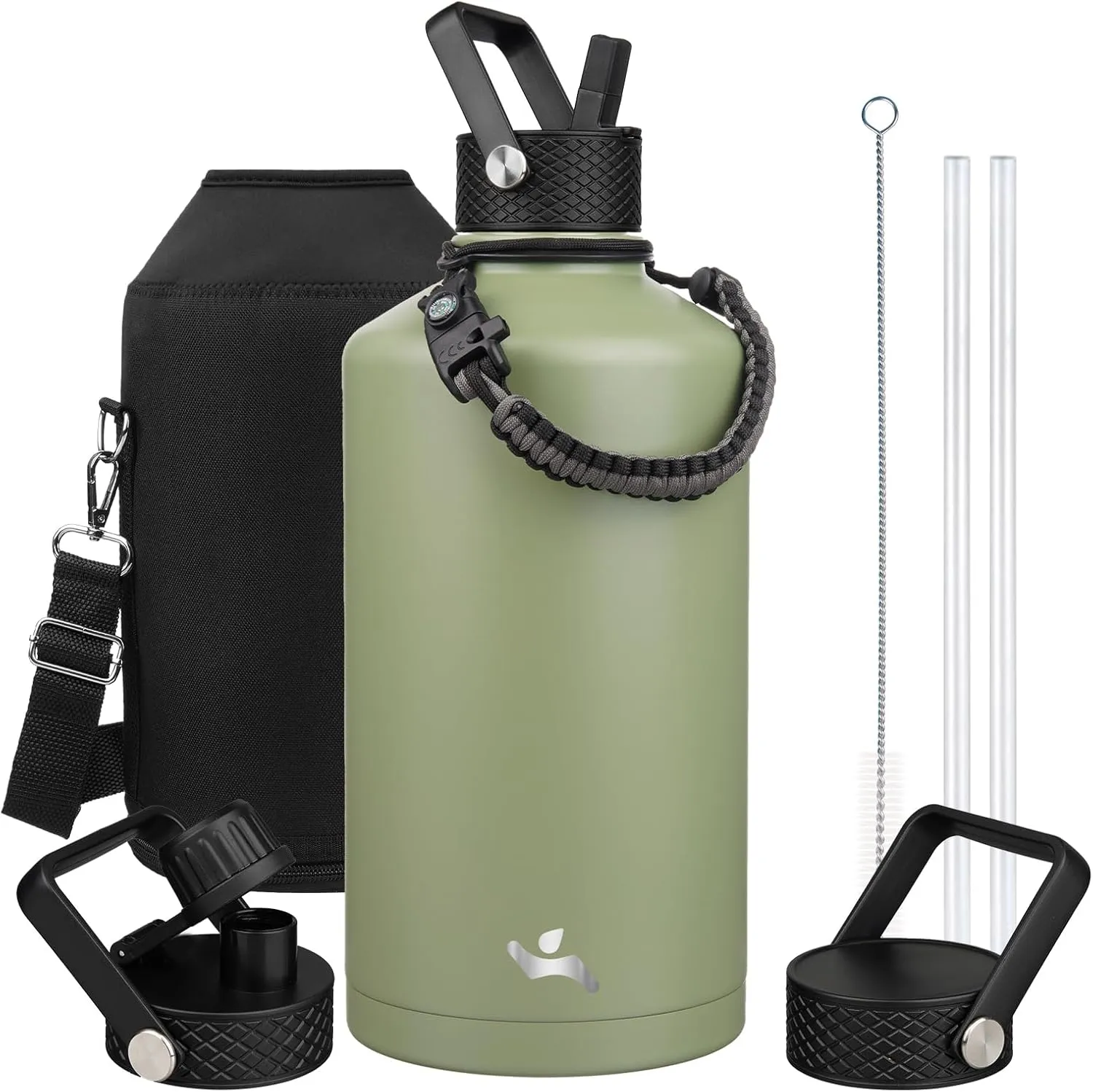 Gallon Insulated Water Bottle with Straw,128 oz 3 Lids Water Jug with Carrying Bag,Paracord Handle, Double Wall Vacuum Stainless Steel Metal Flask,Camp Green