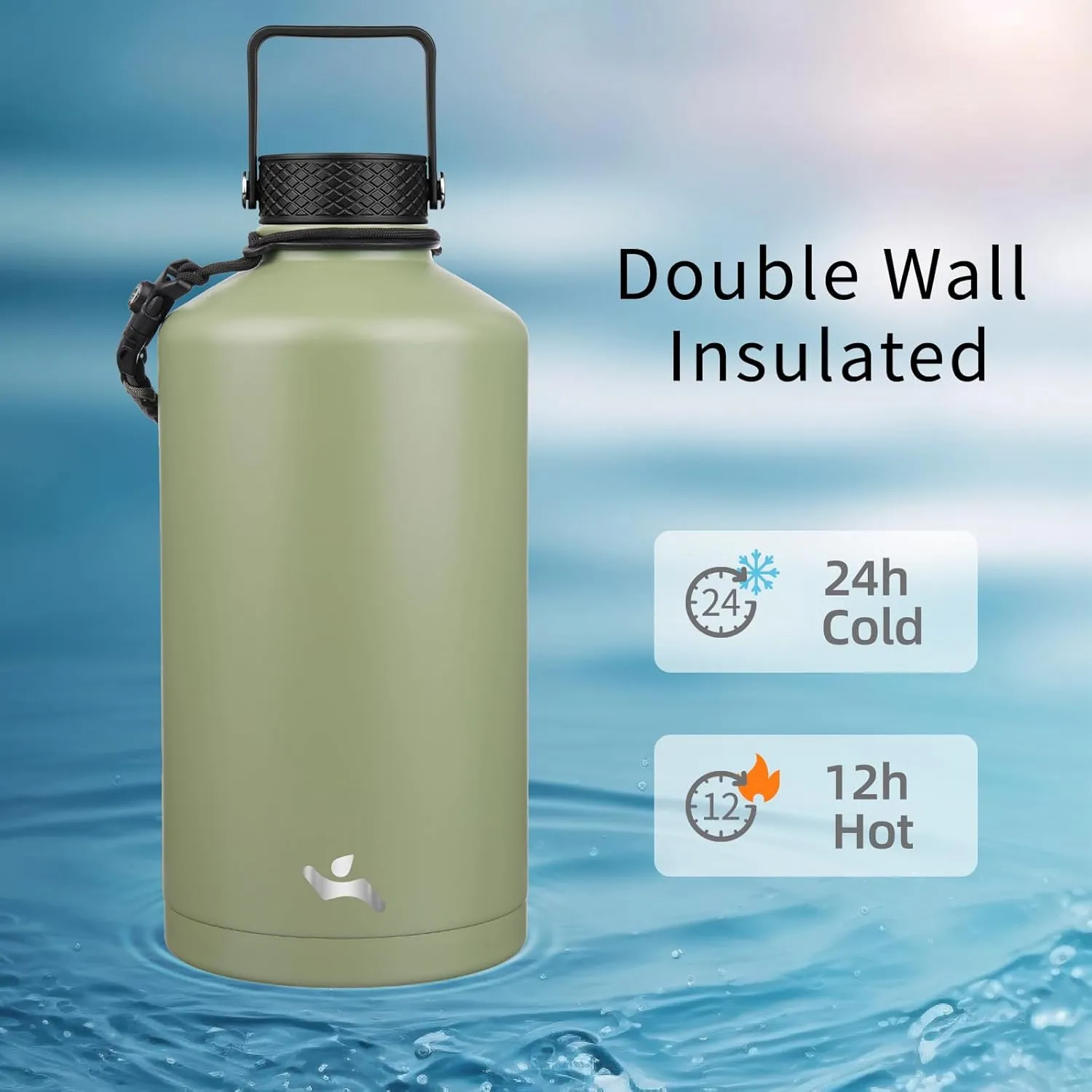 Gallon Insulated Water Bottle with Straw,128 oz 3 Lids Water Jug with Carrying Bag,Paracord Handle, Double Wall Vacuum Stainless Steel Metal Flask,Camp Green