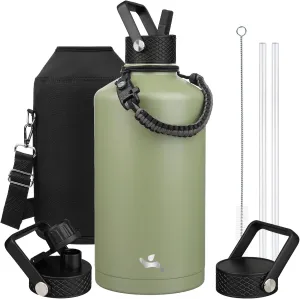 Gallon Insulated Water Bottle with Straw,128 oz 3 Lids Water Jug with Carrying Bag,Paracord Handle, Double Wall Vacuum Stainless Steel Metal Flask,Camp Green