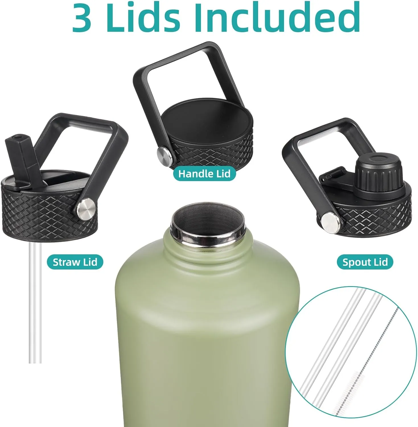 Gallon Insulated Water Bottle with Straw,128 oz 3 Lids Water Jug with Carrying Bag,Paracord Handle, Double Wall Vacuum Stainless Steel Metal Flask,Camp Green