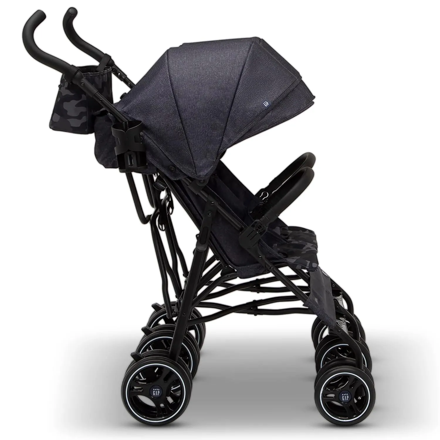 GAP babyGap Classic Side-by-Side Double Stroller - Lightweight Double Stroller with Recline, Extendable Sun Visors & Compact Fold - Made with Sustainable Materials, Black Camo
