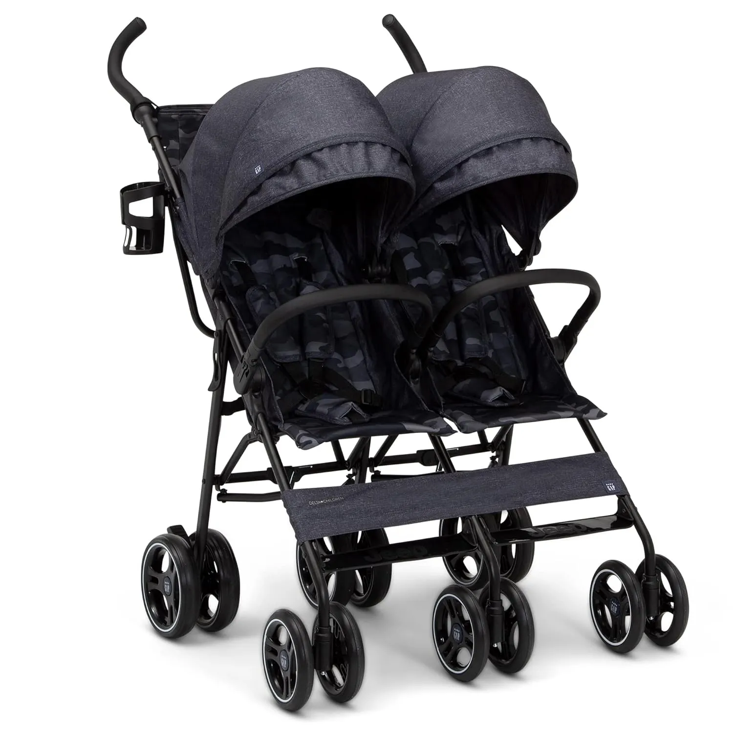 GAP babyGap Classic Side-by-Side Double Stroller - Lightweight Double Stroller with Recline, Extendable Sun Visors & Compact Fold - Made with Sustainable Materials, Black Camo