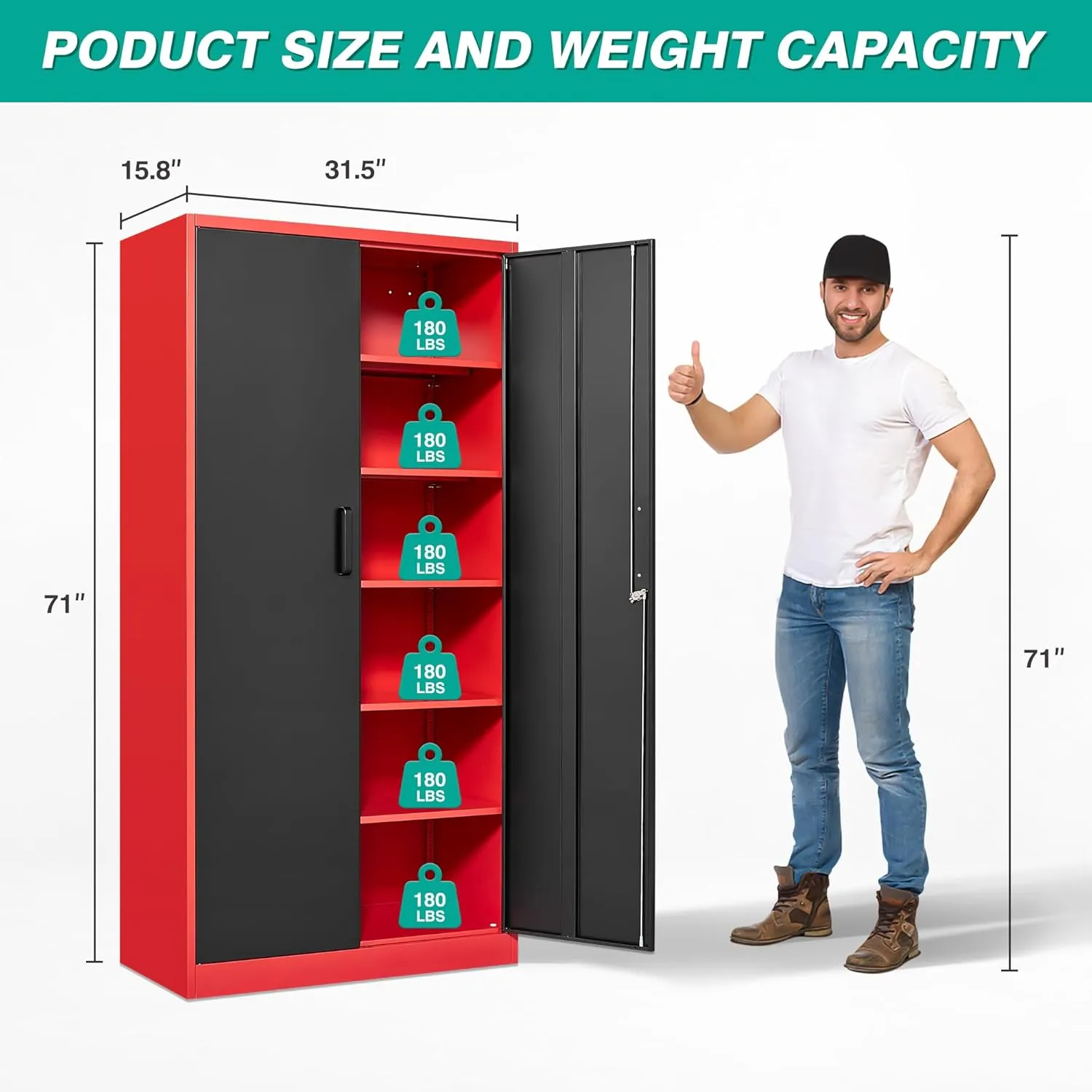 Garage Storage Cabinet with 5 Adjustable Shelves,Metal Storage Cabinet with Lock,Red Black Metal Cabinet with Locking Doors,Steel Locker,71" Lockable Storage Cabinets for Home,Office,Garage Closet