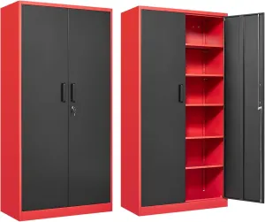 Garage Storage Cabinet with 5 Adjustable Shelves,Metal Storage Cabinet with Lock,Red Black Metal Cabinet with Locking Doors,Steel Locker,71" Lockable Storage Cabinets for Home,Office,Garage Closet