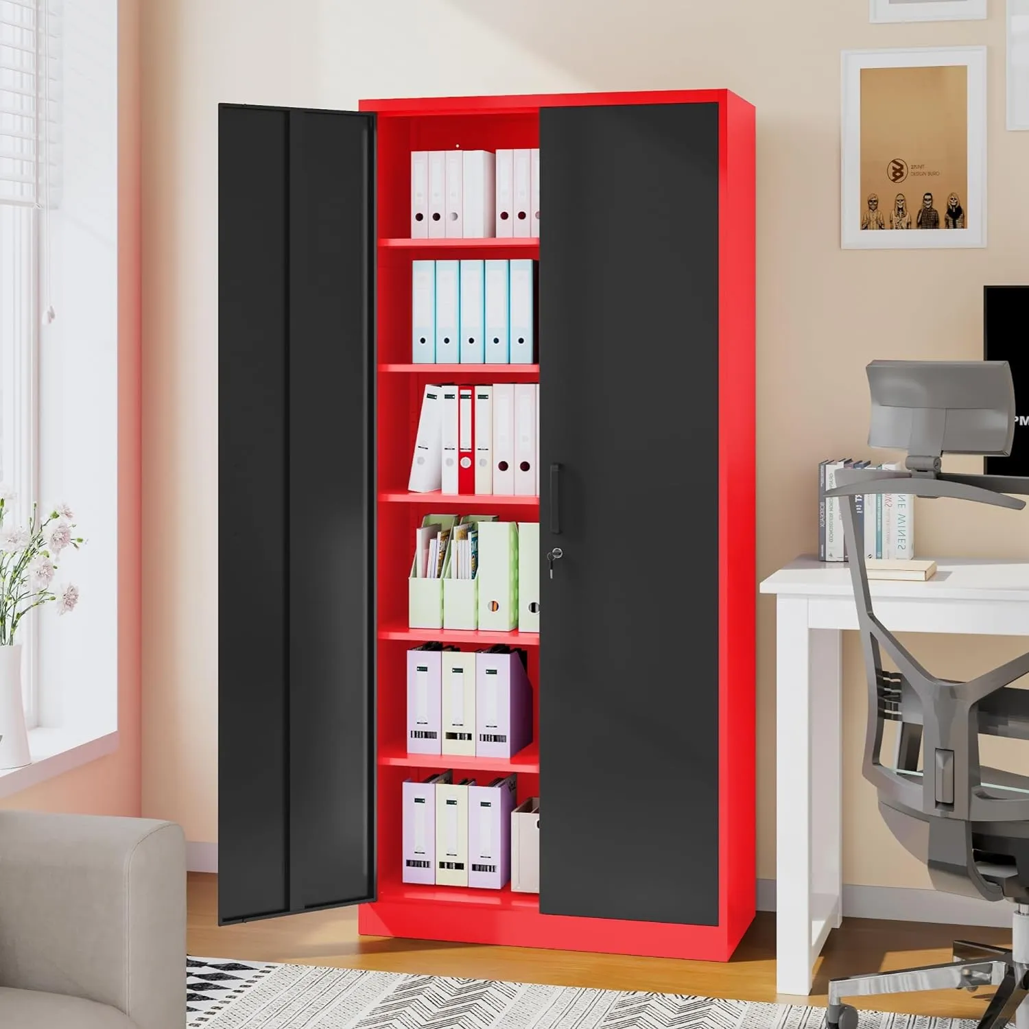Garage Storage Cabinet with 5 Adjustable Shelves,Metal Storage Cabinet with Lock,Red Black Metal Cabinet with Locking Doors,Steel Locker,71" Lockable Storage Cabinets for Home,Office,Garage Closet