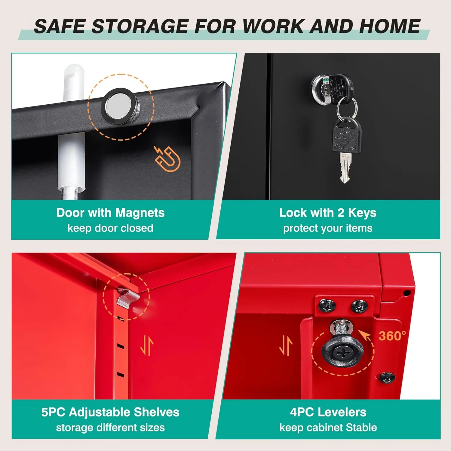 Garage Storage Cabinet with 5 Adjustable Shelves,Metal Storage Cabinet with Lock,Red Black Metal Cabinet with Locking Doors,Steel Locker,71" Lockable Storage Cabinets for Home,Office,Garage Closet