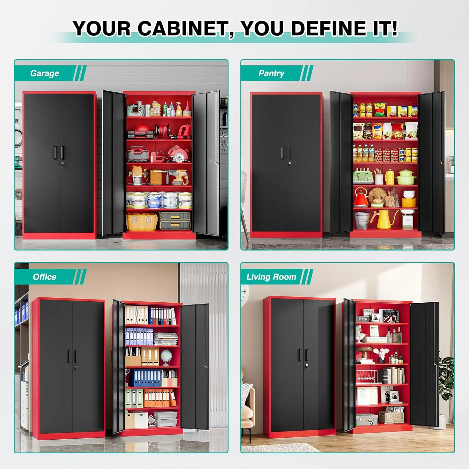 Garage Storage Cabinet with 5 Adjustable Shelves,Metal Storage Cabinet with Lock,Red Black Metal Cabinet with Locking Doors,Steel Locker,71" Lockable Storage Cabinets for Home,Office,Garage Closet