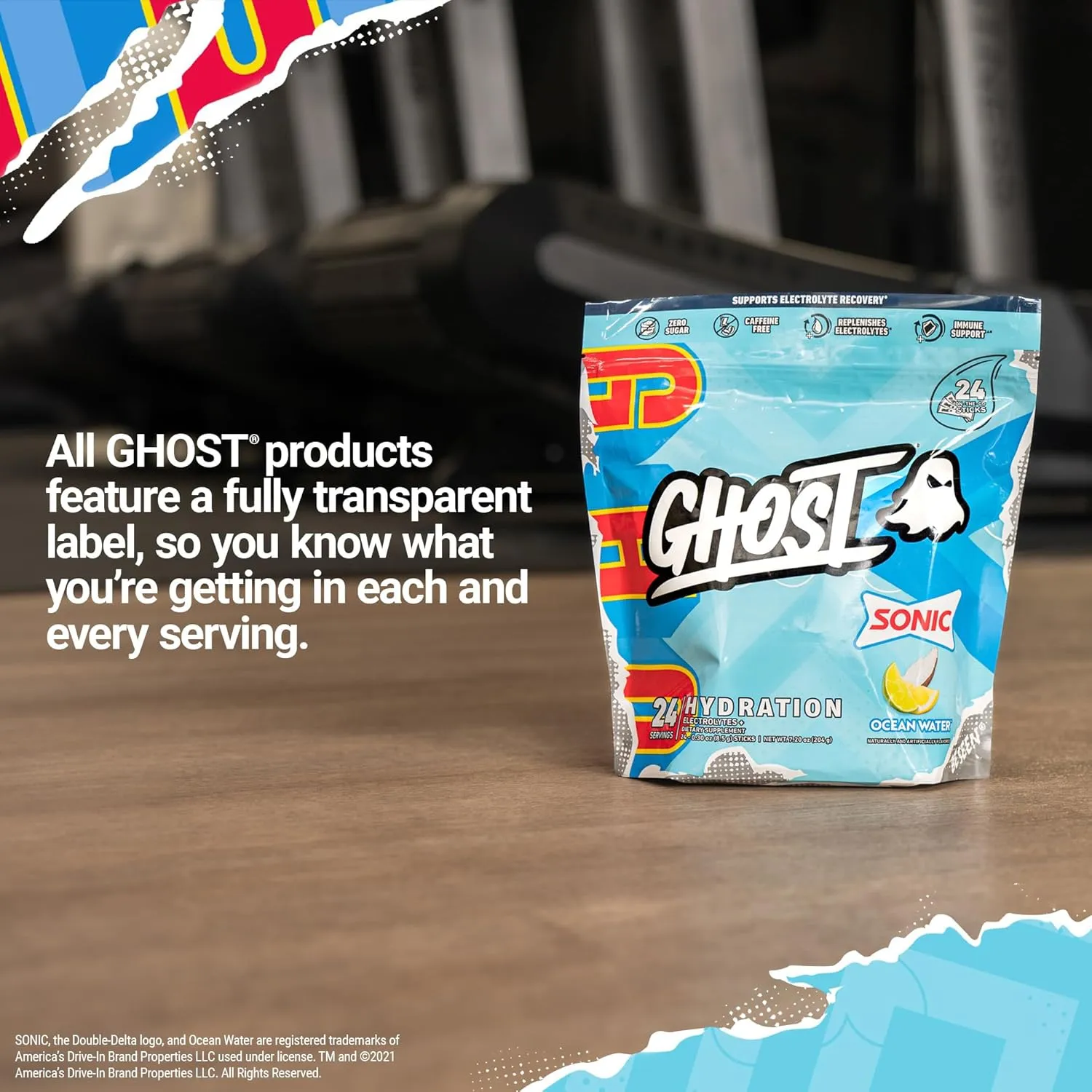 GHOST Hydration Packets, Sonic Ocean Water, 24 Sticks, Electrolyte Powder - Drink Mix Supplement with Magnesium, Potassium, Calcium, Vitamin C - Vegan, Free of Soy, Sugar & Gluten