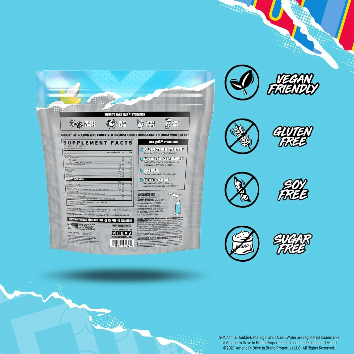 GHOST Hydration Packets, Sonic Ocean Water, 24 Sticks, Electrolyte Powder - Drink Mix Supplement with Magnesium, Potassium, Calcium, Vitamin C - Vegan, Free of Soy, Sugar & Gluten
