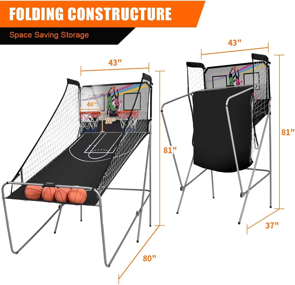 Giantex Foldable Basketball Arcade Game, 8 Game Options, Electronic Double Shot 2 Player w/ 4 Balls and LED Scoring System, Indoor Basketball Game for Kids, Adults