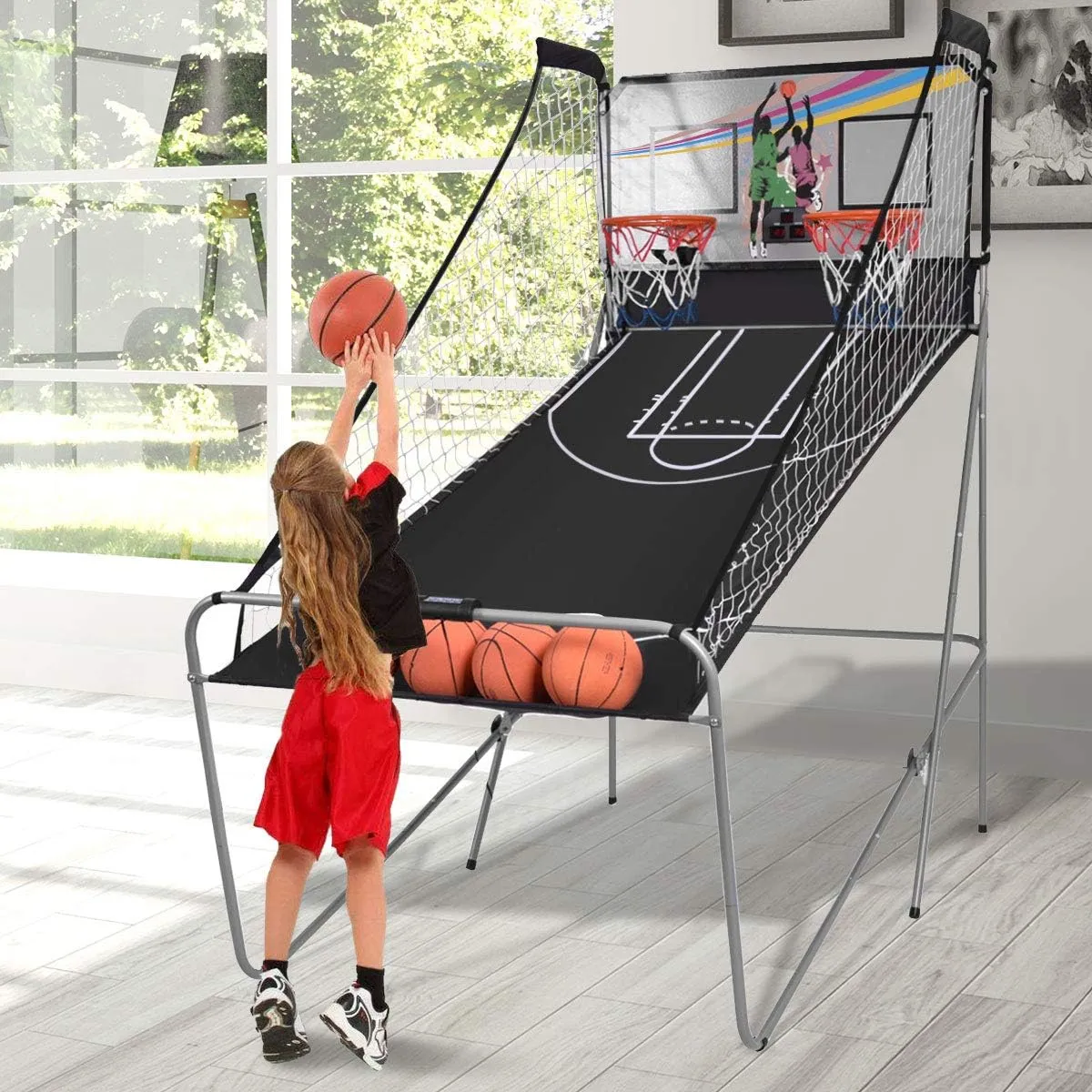 Giantex Foldable Basketball Arcade Game, 8 Game Options, Electronic Double Shot 2 Player w/ 4 Balls and LED Scoring System, Indoor Basketball Game for Kids, Adults