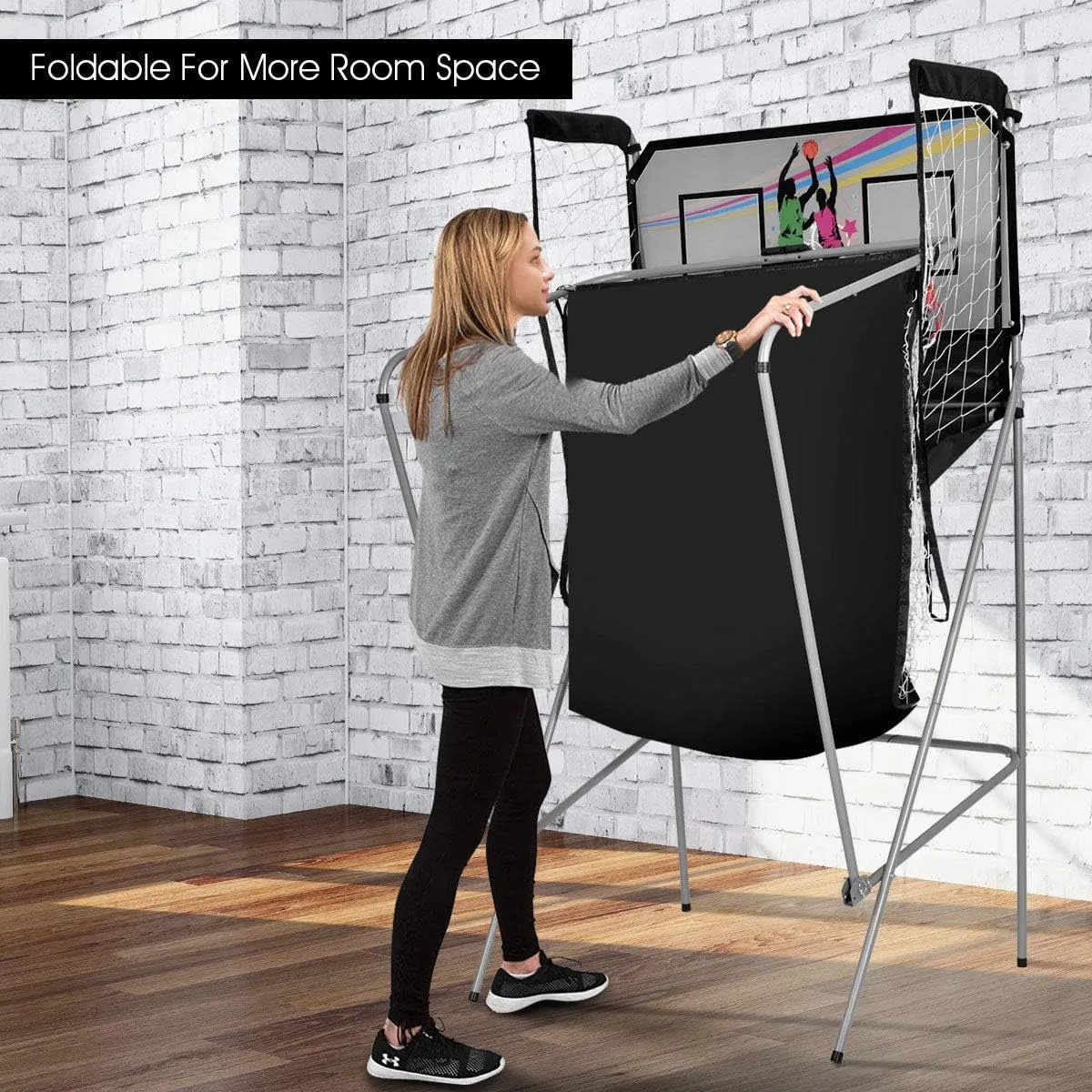 Giantex Foldable Basketball Arcade Game, 8 Game Options, Electronic Double Shot 2 Player w/ 4 Balls and LED Scoring System, Indoor Basketball Game for Kids, Adults