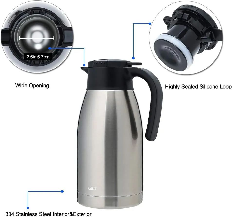 GiNT 64Oz Thermal Coffee Carafe, Insulated Stainless Steel Coffee Carafes for Keeping Hot/Double Walled Vacuum Thermal Carafe (Silver, 1.9L)