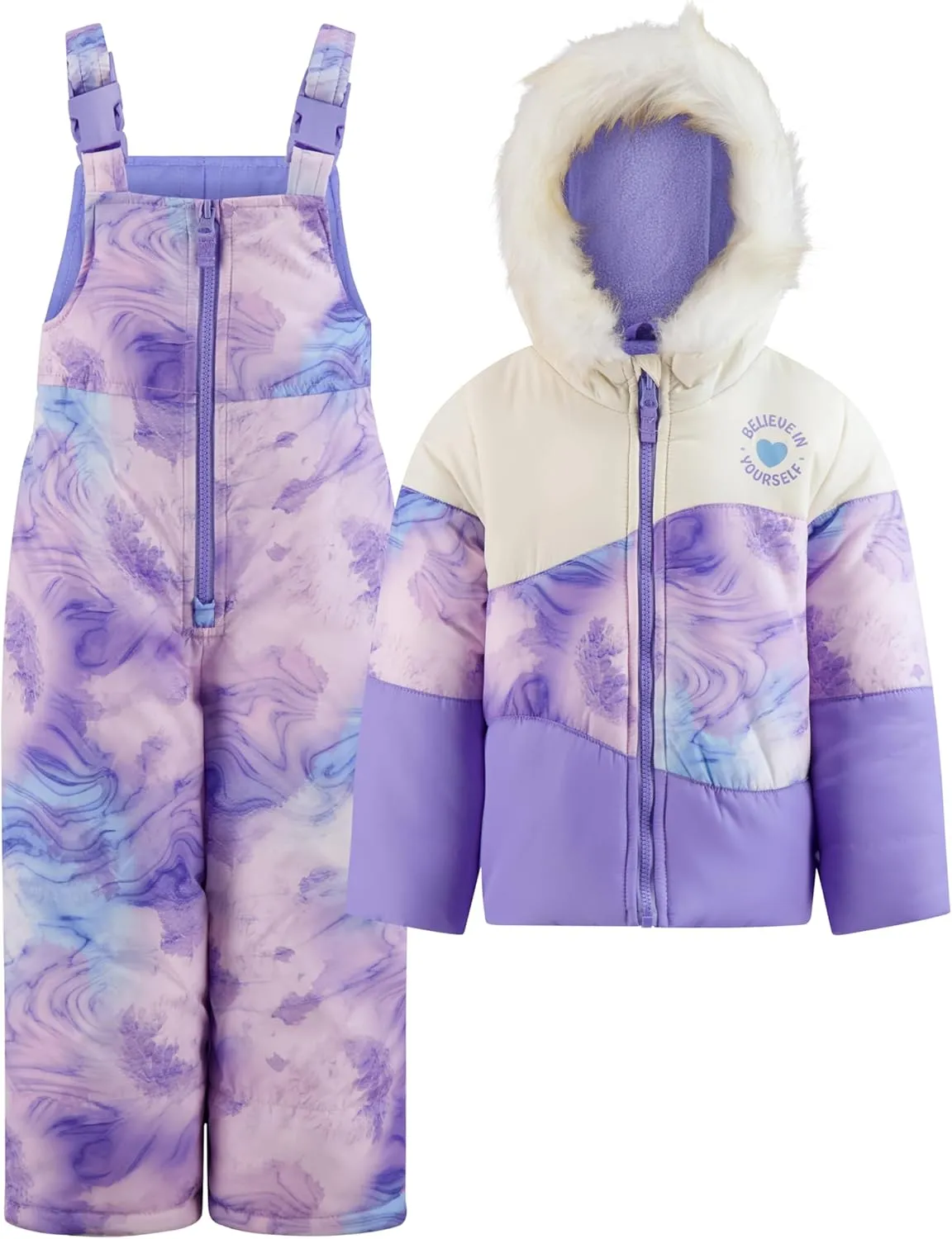 GIRLS ZIP-FRONT COLOR BLOCK JACKET AND OVERALL SNOW PANT