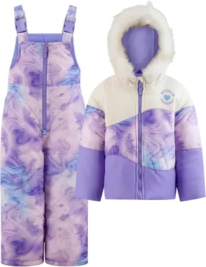 GIRLS ZIP-FRONT COLOR BLOCK JACKET AND OVERALL SNOW PANT