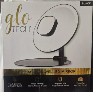 Glo-Tech Foldable Travel LED Mirror, 3 Light Settings, 10X Magnification, Touch Dimming (Black)
