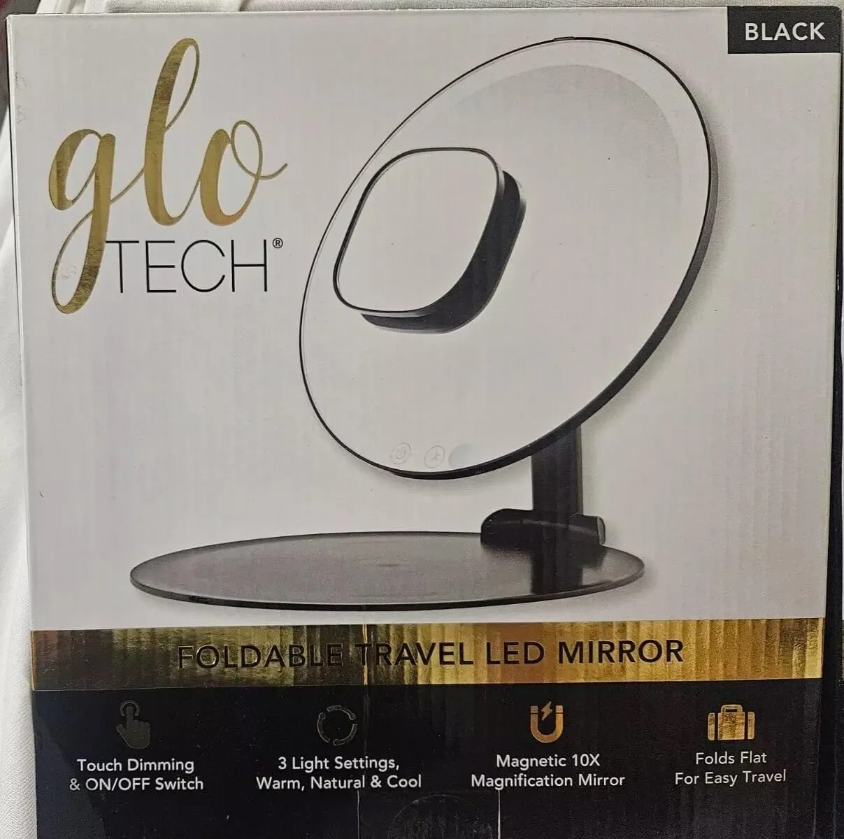 Glo-Tech Foldable Travel LED Mirror, 3 Light Settings, 10X Magnification, Touch Dimming (Black)