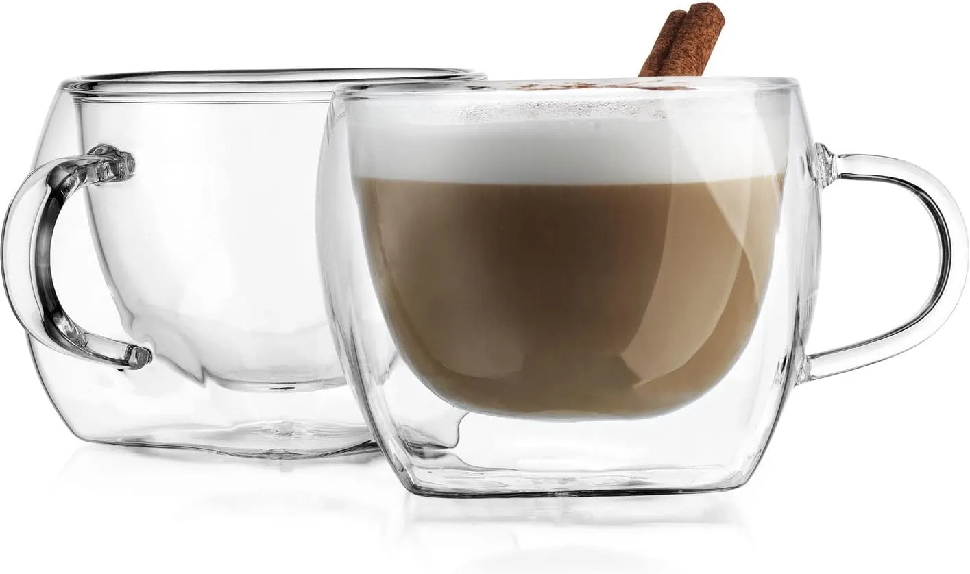 Godinger Double Wall Glass Tea Cups Insulated Mugs for Drinking Cappacino Latte Mocha Tea Contessa Set of Two