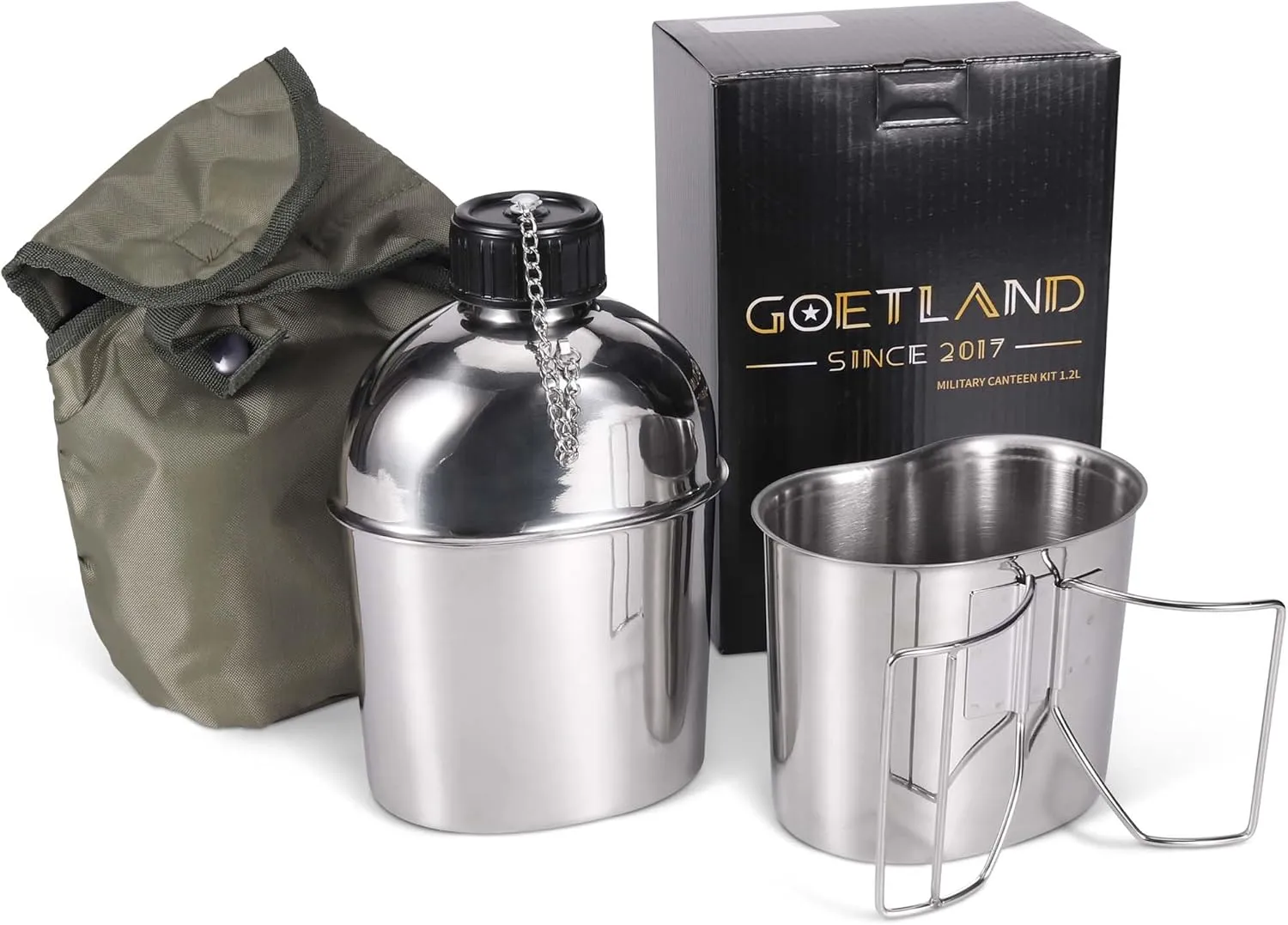 Goetland Stainless Steel WWII US Army Canteen Water Bottle Military Canteen Kit 1.3QT with 0.6QT Cup Nylon Pouch G.I.