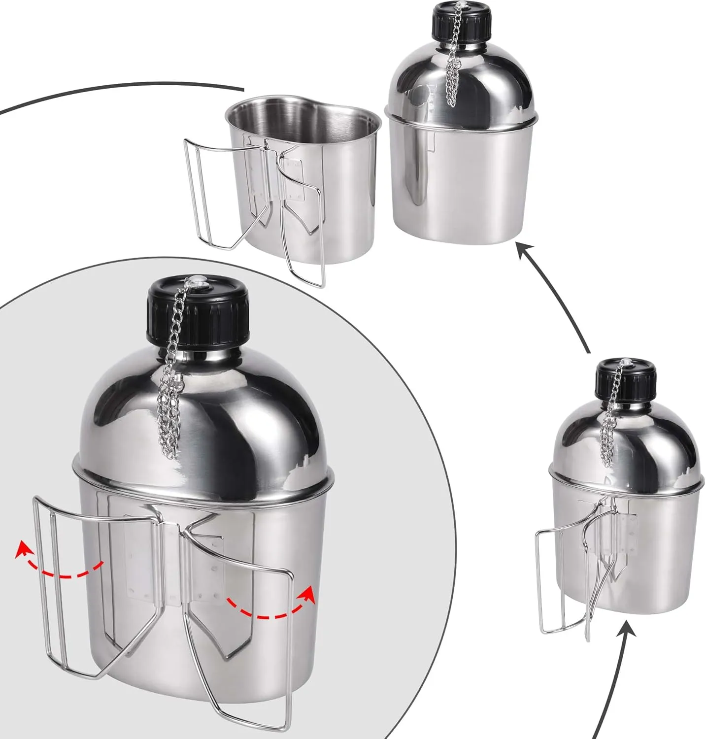 Goetland Stainless Steel WWII US Army Canteen Water Bottle Military Canteen Kit 1.3QT with 0.6QT Cup Nylon Pouch G.I.