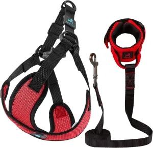 Gooby Comfort X Step in Lite Harness and Mesh Wristband Surfer Leash Set-Red, X-Small, 6 FT-Choke Free and Escape Free Harness with Breathable Mesh and Mesh Handsfree Leash for Small and Medium Dog