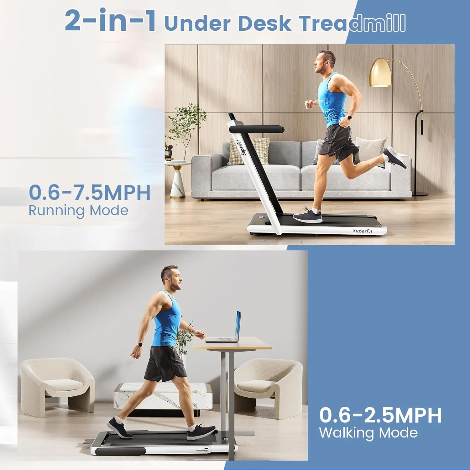 Goplus 2 in 1 Under Desk Treadmill, 2.25HP Superfit Folding Treadmill with Touch Panel Control, App Control, Remote Control, Bluetooth Speaker, Foldable Walking Treadmills for Home Office