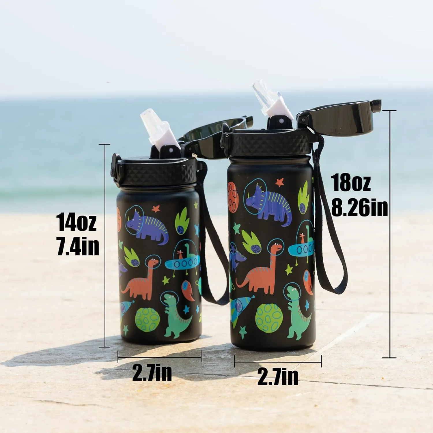 GOPPUS Kids Water Bottle (Straw Lid) - 18 Oz Stainless Steel Travel Bottle, Double Wall Vacuum Leak Proof Kids Cup for School Boys Girls,Space dinosaur