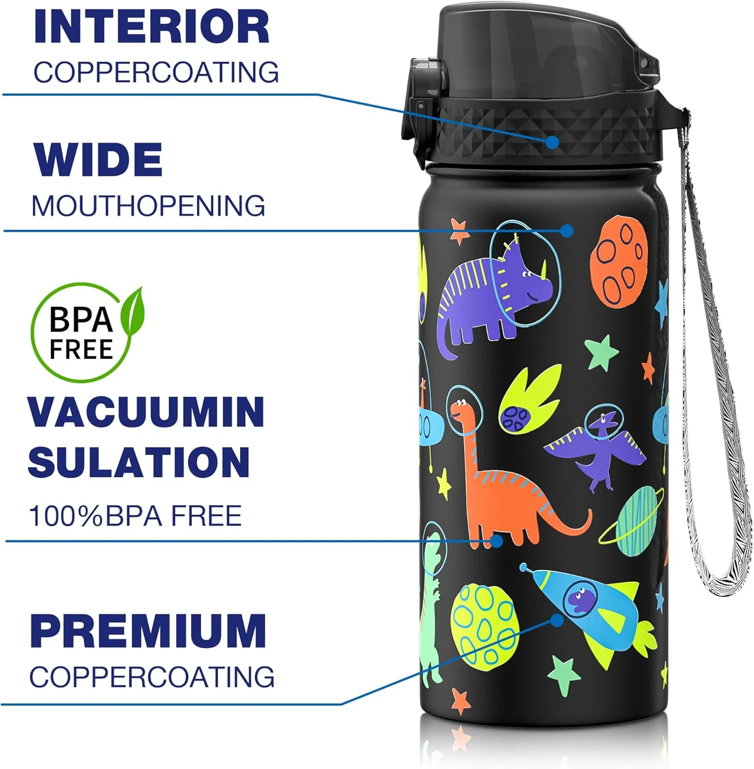 GOPPUS Kids Water Bottle (Straw Lid) - 18 Oz Stainless Steel Travel Bottle, Double Wall Vacuum Leak Proof Kids Cup for School Boys Girls,Space dinosaur