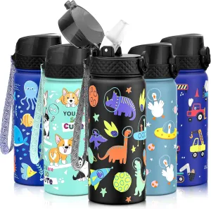 GOPPUS Kids Water Bottle (Straw Lid) - 18 Oz Stainless Steel Travel Bottle, Double Wall Vacuum Leak Proof Kids Cup for School Boys Girls,Space dinosaur
