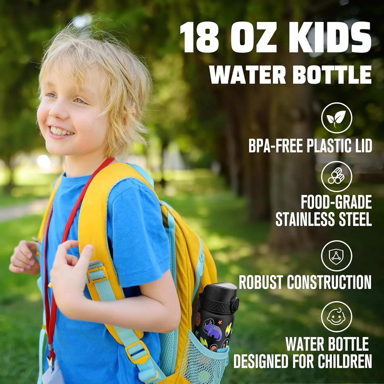 GOPPUS Kids Water Bottle (Straw Lid) - 18 Oz Stainless Steel Travel Bottle, Double Wall Vacuum Leak Proof Kids Cup for School Boys Girls,Space dinosaur